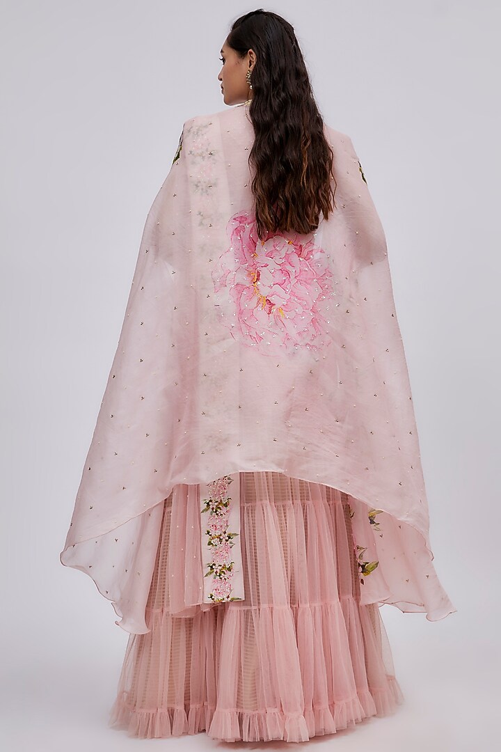Pink Organza & Net Embroidered Cape Set by Yashodhara at Pernia's Pop Up Shop