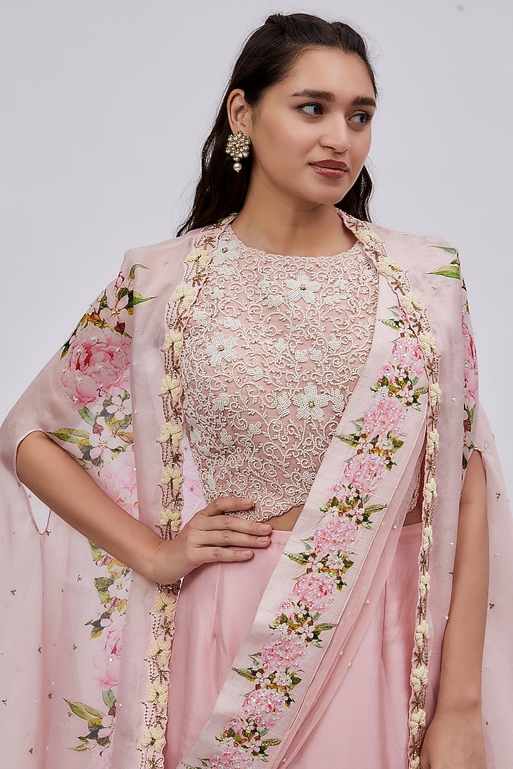 Pink Organza & Net Embroidered Cape Set by Yashodhara at Pernia's Pop Up Shop
