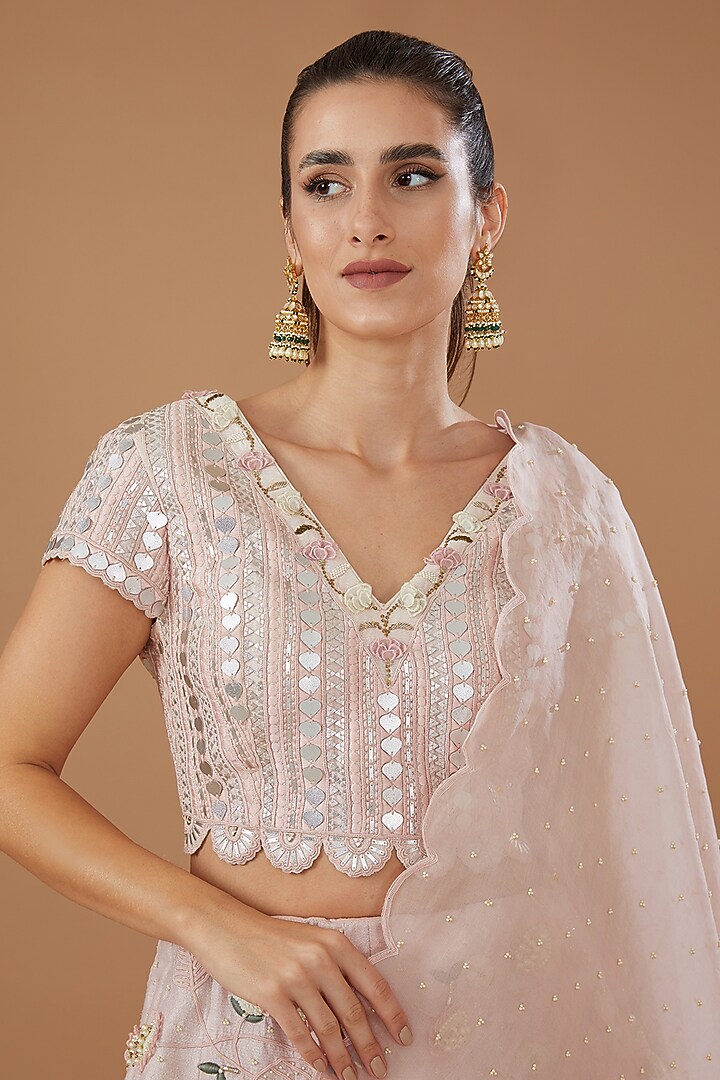 Old Rose Pink Raw Silk & Organza Embroidered Wedding Lehenga Set by Yashodhara at Pernia's Pop Up Shop