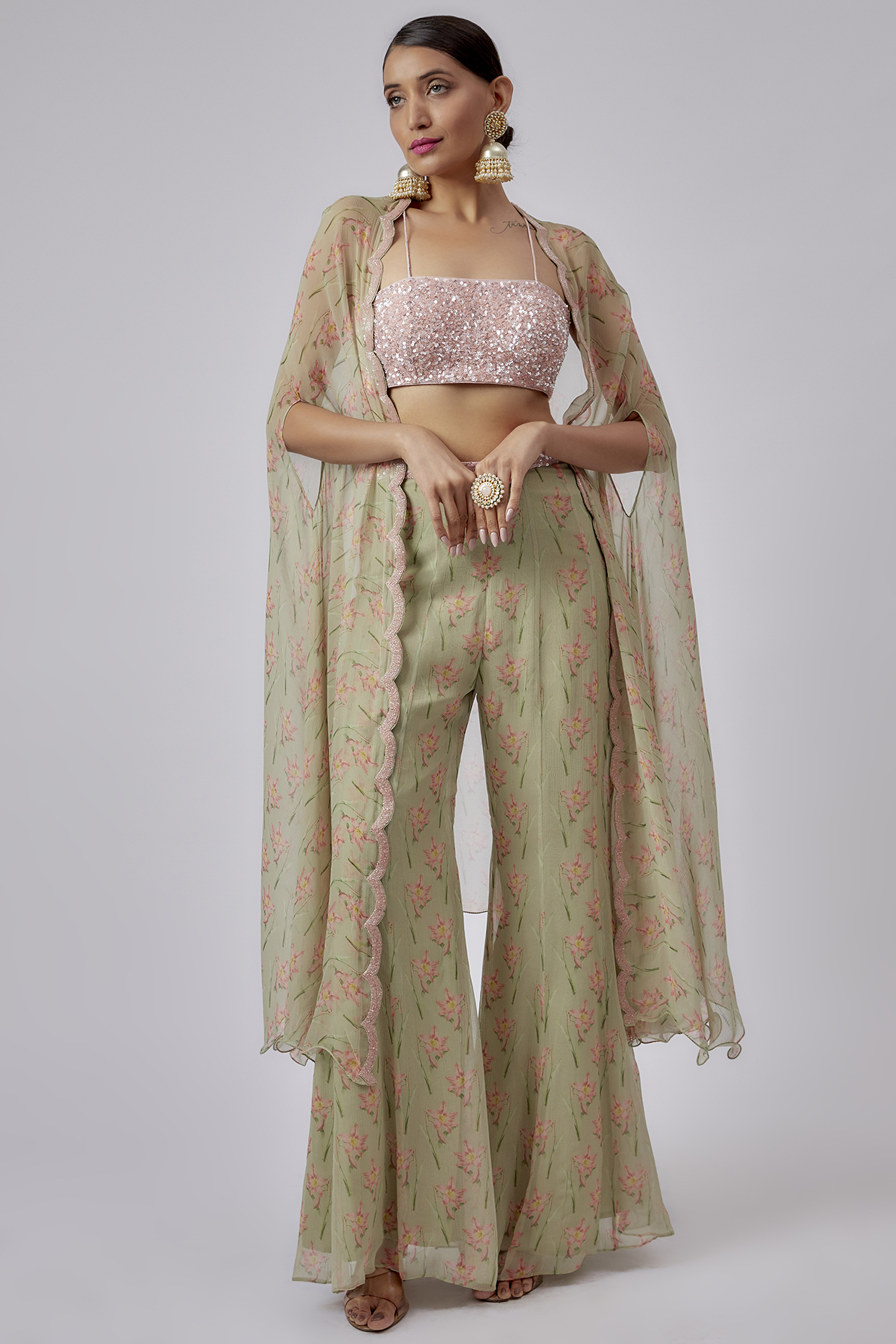 Leaf Green Chiffon Printed Cape Set by Yashodhara at Pernia's Pop Up Shop
