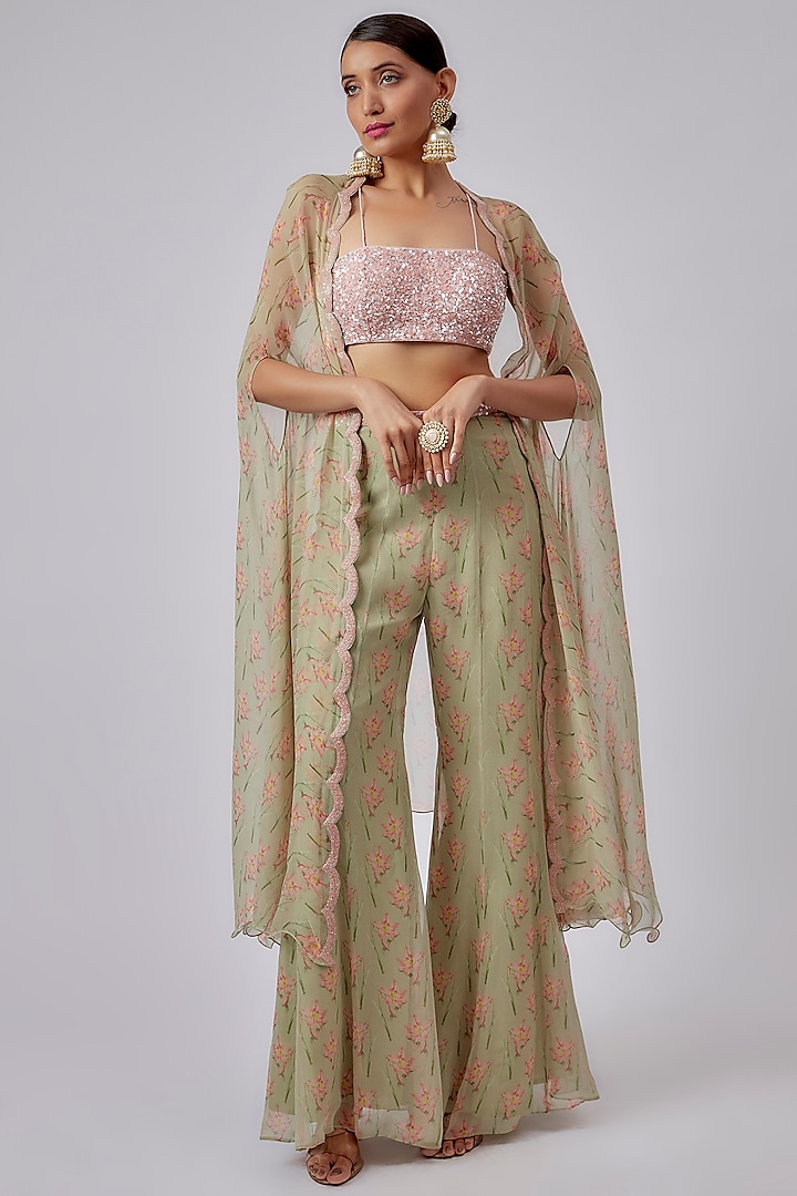 Leaf Green Chiffon Printed Cape Set by Yashodhara at Pernia's Pop Up Shop