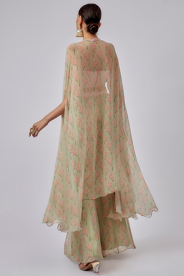 Leaf Green Chiffon Printed Cape Set by Yashodhara at Pernia's Pop Up Shop