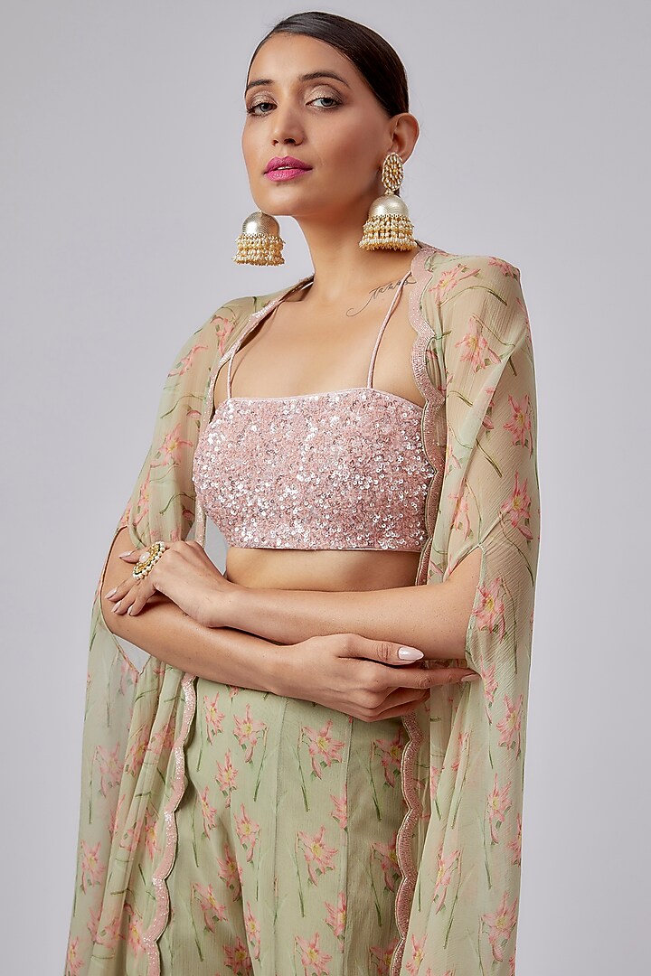 Leaf Green Chiffon Printed Cape Set by Yashodhara at Pernia's Pop Up Shop