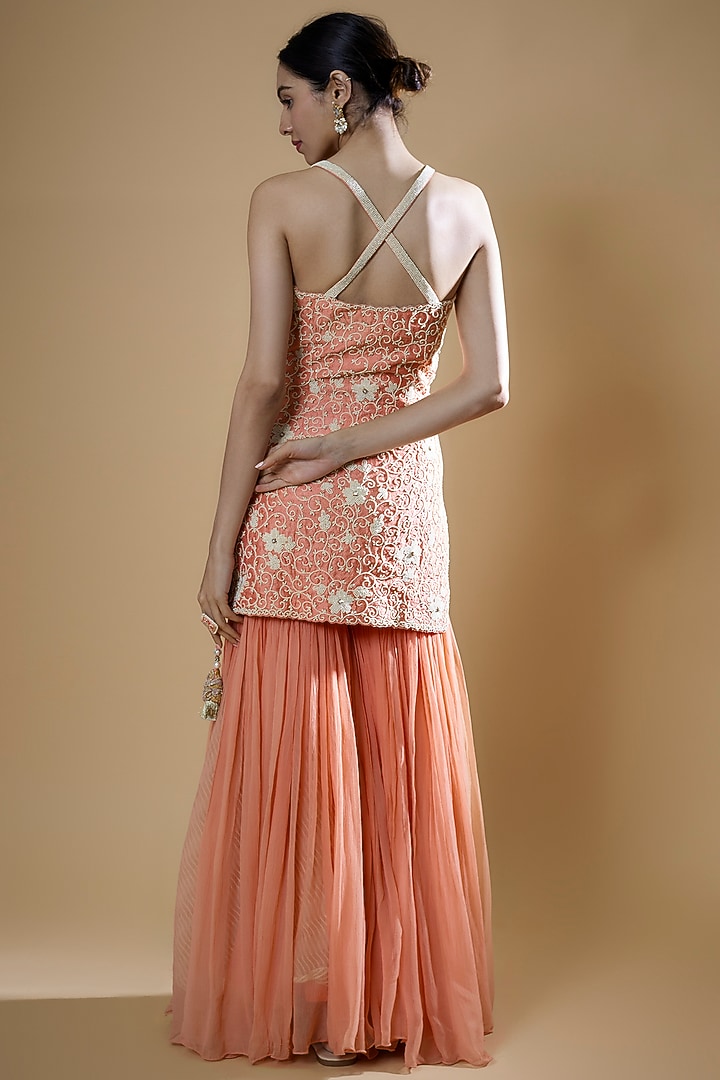 Peach Raw Silk & Organza Wedding Sharara Set by Yashodhara at Pernia's Pop Up Shop