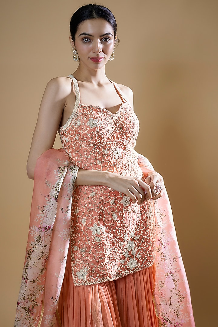 Peach Raw Silk & Organza Wedding Sharara Set by Yashodhara at Pernia's Pop Up Shop