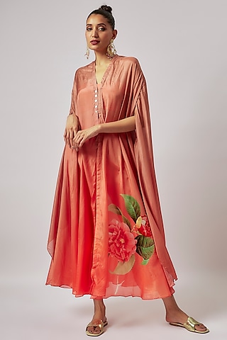 Coral Silk Printed Cape Set by Yashodhara