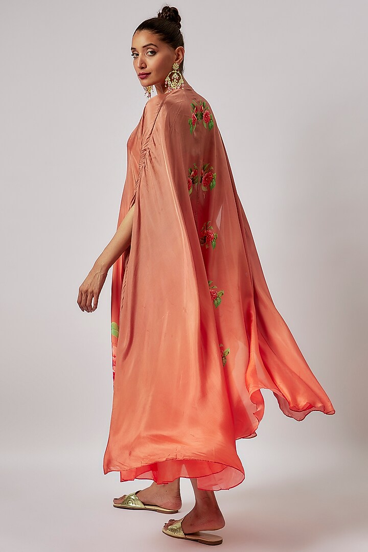 Coral Silk Printed Cape Set by Yashodhara at Pernia's Pop Up Shop