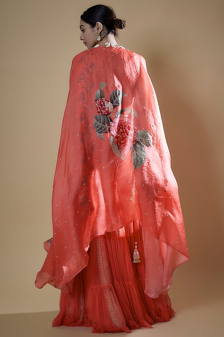 Red Raw Silk & Net Moti Embroidered Sharara Skirt Set by Yashodhara at Pernia's Pop Up Shop