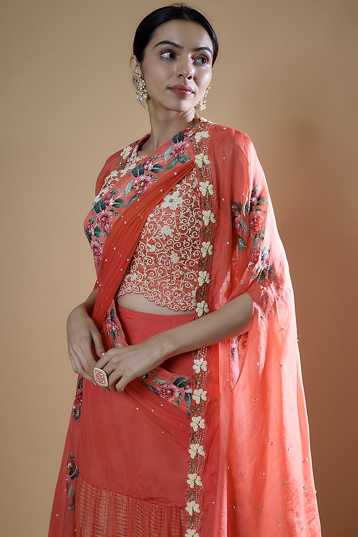 Red Raw Silk & Net Moti Embroidered Sharara Skirt Set by Yashodhara at Pernia's Pop Up Shop