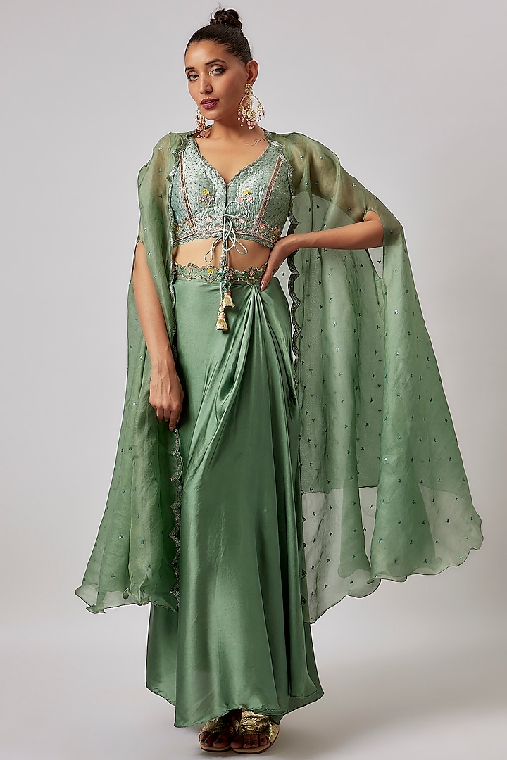 Green Organza Embroidered Cape Set by Yashodhara at Pernia's Pop Up Shop