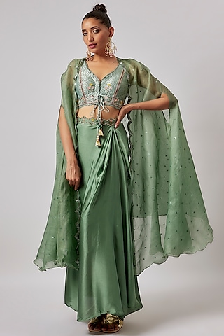 Green Organza Embroidered Cape Set by Yashodhara
