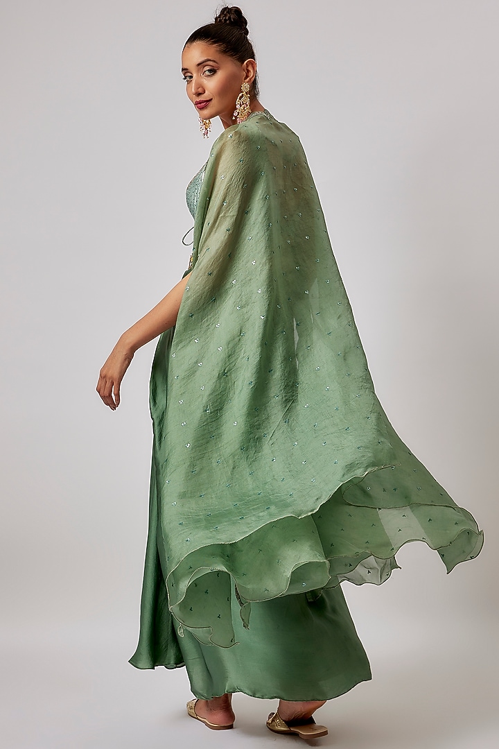 Green Organza Embroidered Cape Set by Yashodhara at Pernia's Pop Up Shop