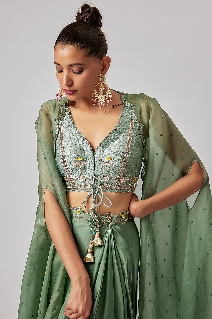 Green Organza Embroidered Cape Set by Yashodhara at Pernia's Pop Up Shop