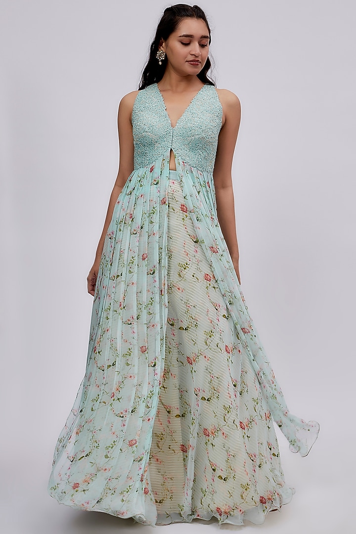 Aqua Raw Silk & Chiffon Kurta Set by Yashodhara at Pernia's Pop Up Shop