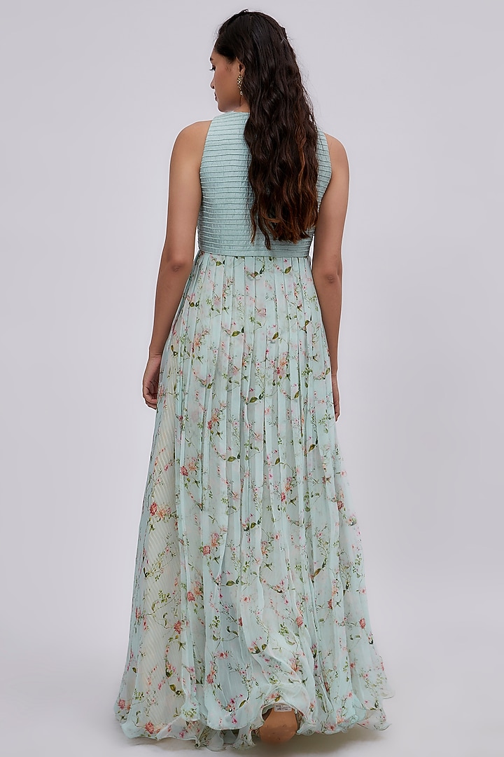 Aqua Raw Silk & Chiffon Kurta Set by Yashodhara at Pernia's Pop Up Shop