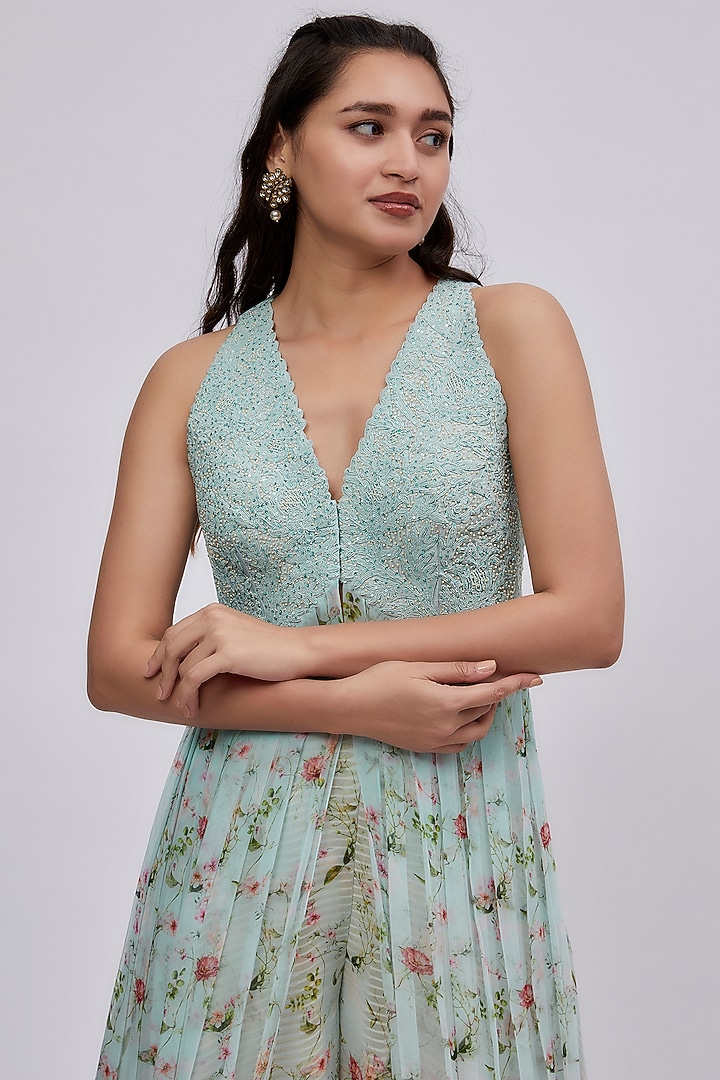 Aqua Raw Silk & Chiffon Kurta Set by Yashodhara at Pernia's Pop Up Shop