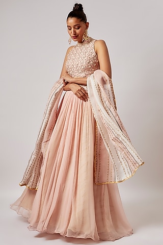 Blush Pink Organza Lehenga Set by Yashodhara