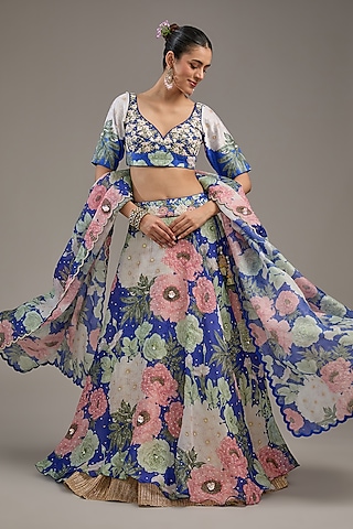 Dark Blue Organza Digital Printed & Embroidered Lehenga Set by Yashodhara