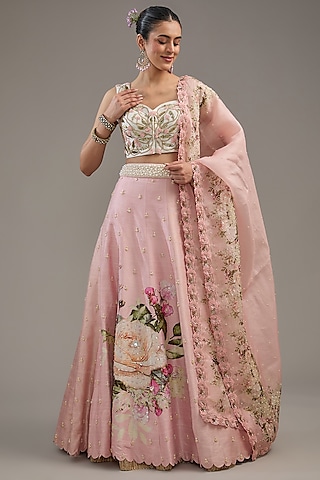 Pink Raw Silk Printed Lehenga Set by Yashodhara