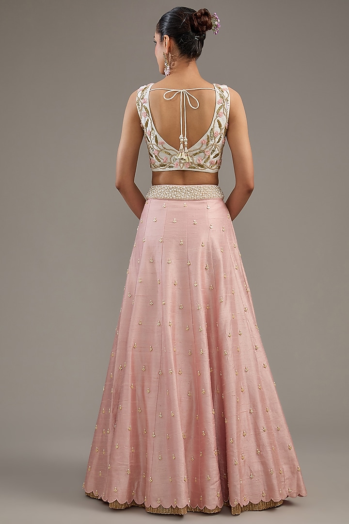 Pink Raw Silk Printed Bridal Lehenga Set by Yashodhara at Pernia's Pop Up Shop