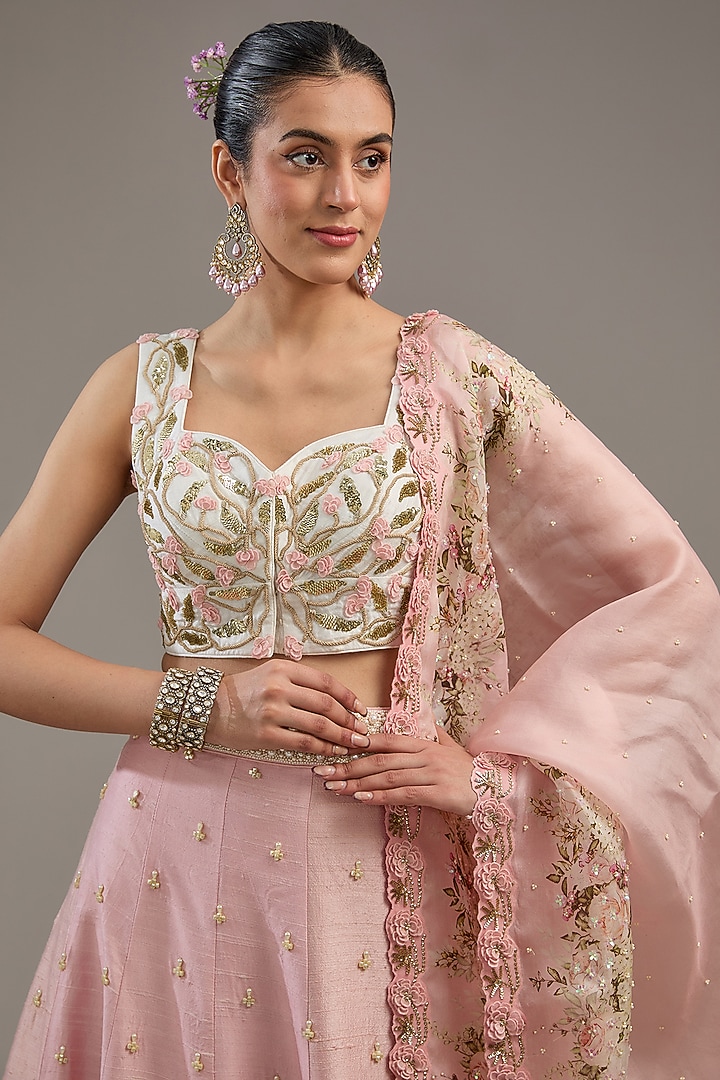 Pink Raw Silk Printed Bridal Lehenga Set by Yashodhara at Pernia's Pop Up Shop