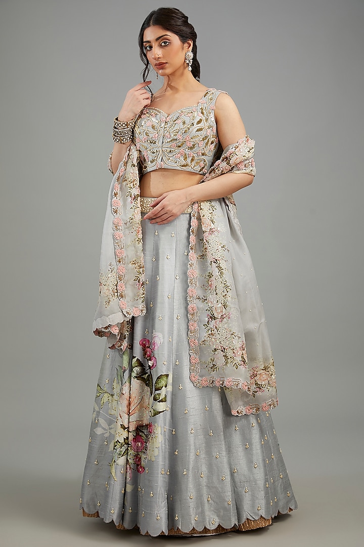 Dull Blue Raw Silk Floral Printed Bridal Lehenga Set by Yashodhara at Pernia's Pop Up Shop