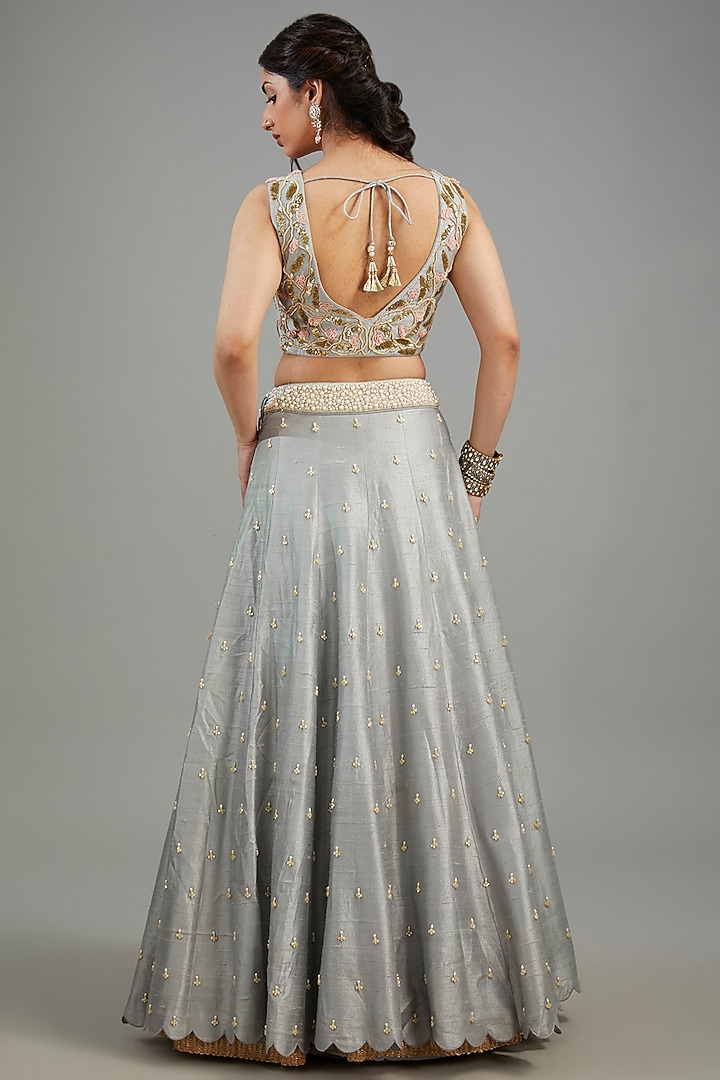 Dull Blue Raw Silk Floral Printed Bridal Lehenga Set by Yashodhara at Pernia's Pop Up Shop