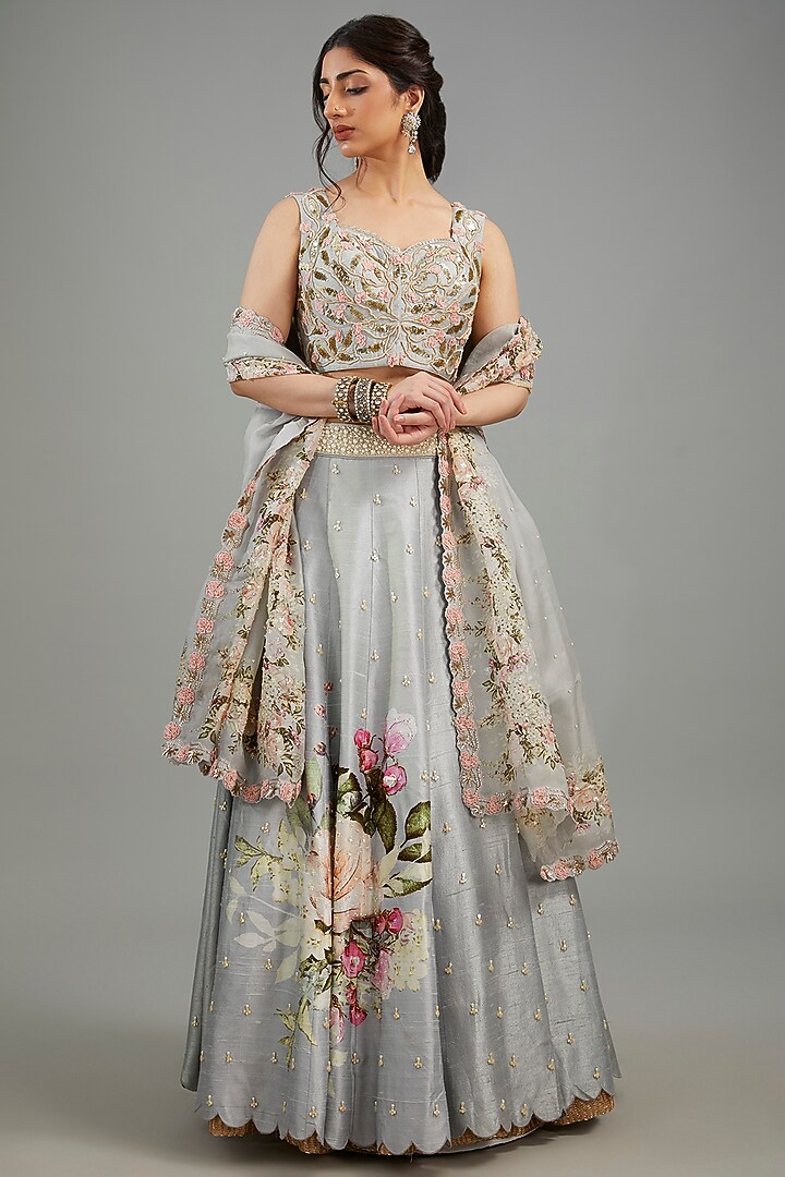 Dull Blue Raw Silk Floral Printed Bridal Lehenga Set by Yashodhara at Pernia's Pop Up Shop
