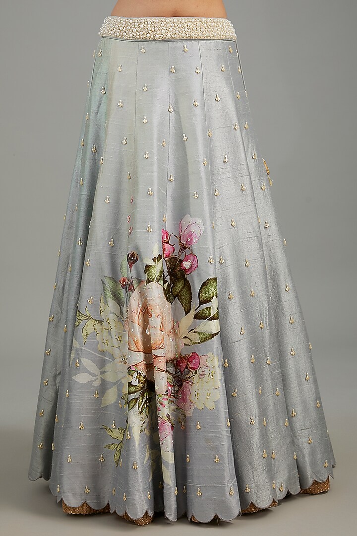 Dull Blue Raw Silk Floral Printed Bridal Lehenga Set by Yashodhara at Pernia's Pop Up Shop