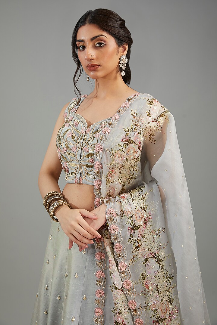 Dull Blue Raw Silk Floral Printed Bridal Lehenga Set by Yashodhara at Pernia's Pop Up Shop