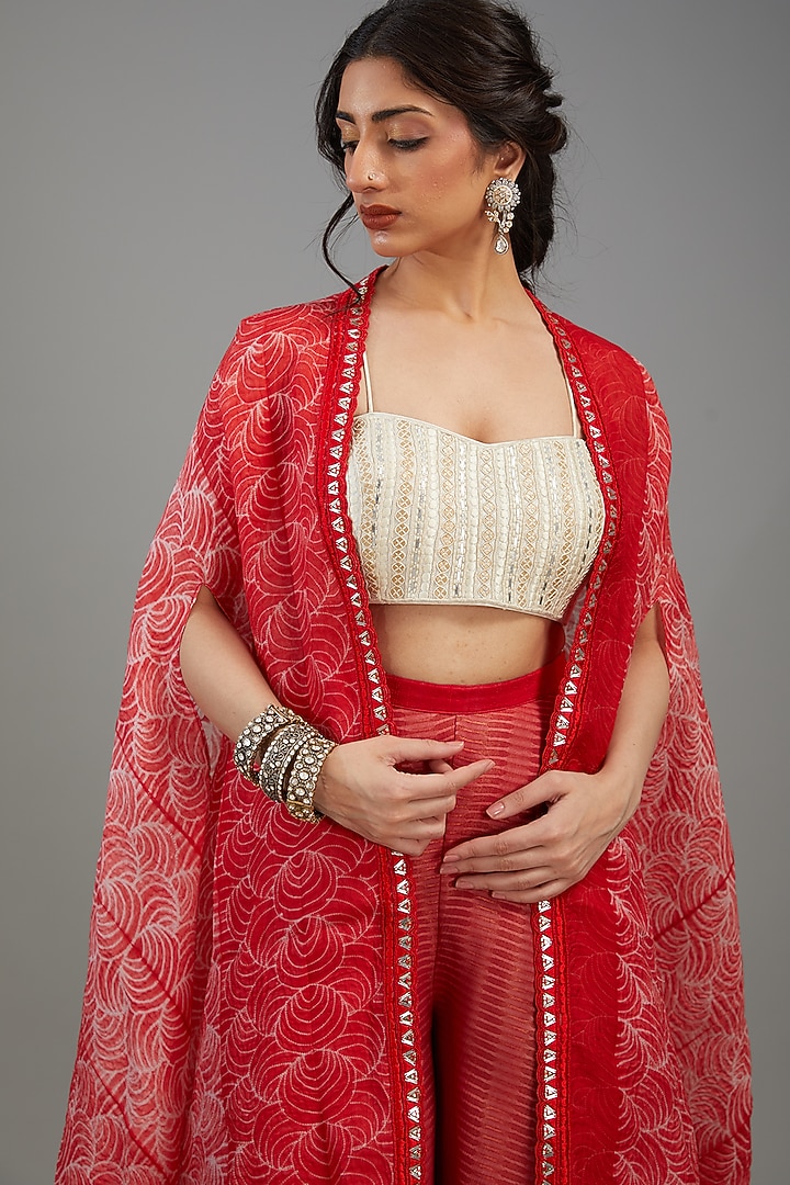 Red Organza Embroidered Shibori Cape Set by Yashodhara at Pernia's Pop Up Shop