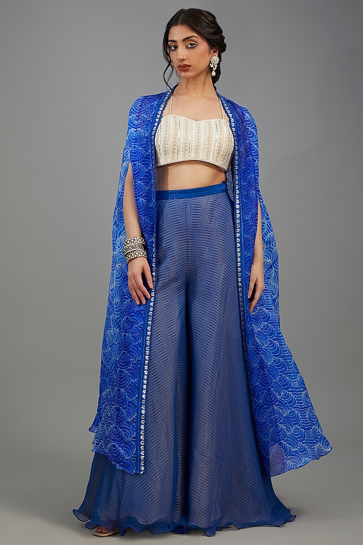 Blue Organza Shibori Cape Set by Yashodhara at Pernia's Pop Up Shop