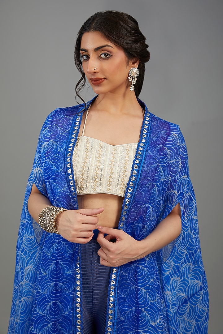 Blue Organza Shibori Cape Set by Yashodhara at Pernia's Pop Up Shop