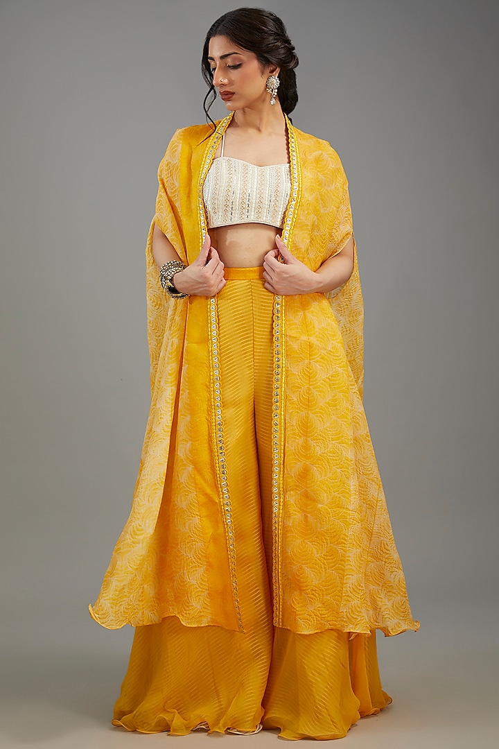 Yellow Organza Shibori Cape Set by Yashodhara at Pernia's Pop Up Shop