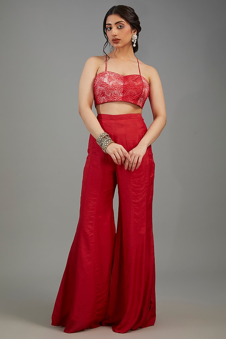 Red Organza Shibori Embroidered Jacket Set by Yashodhara at Pernia's Pop Up Shop