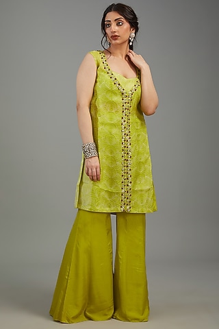 Jade Organza Shibori Embroidered Jacket Set by Yashodhara