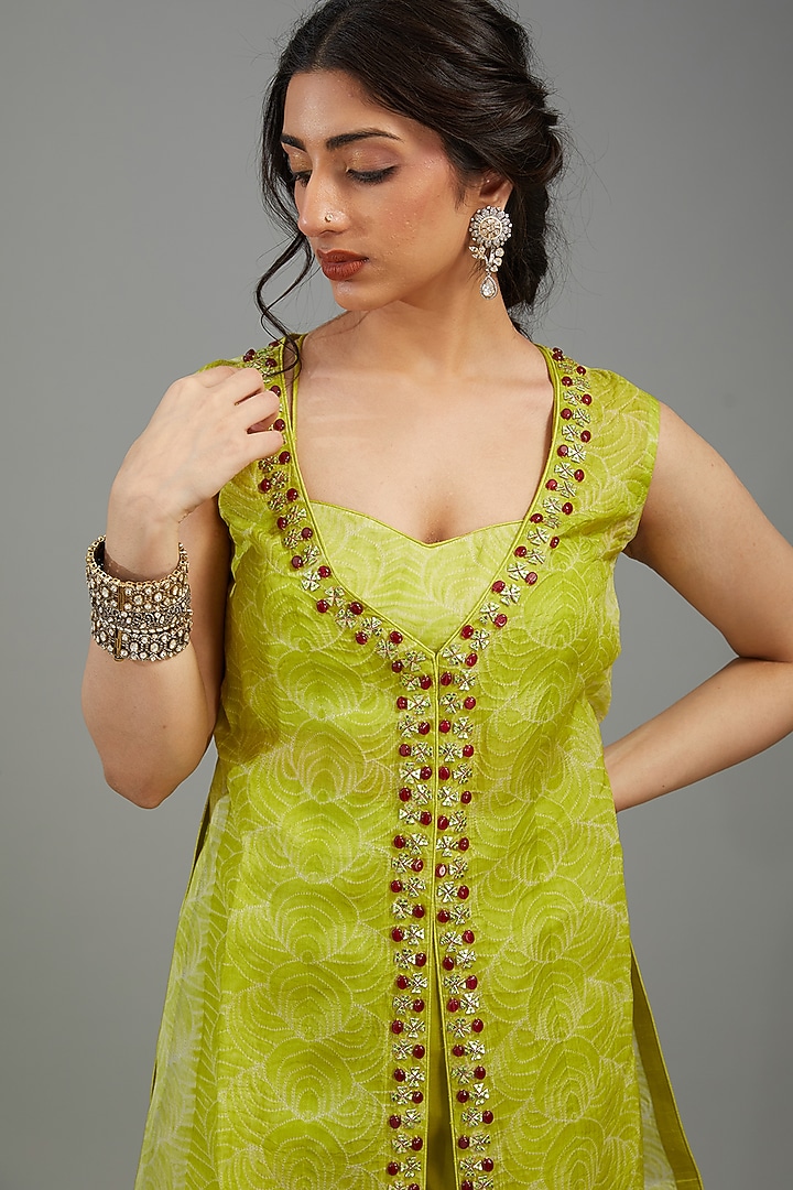 Jade Organza Shibori Embroidered Jacket Set by Yashodhara at Pernia's Pop Up Shop