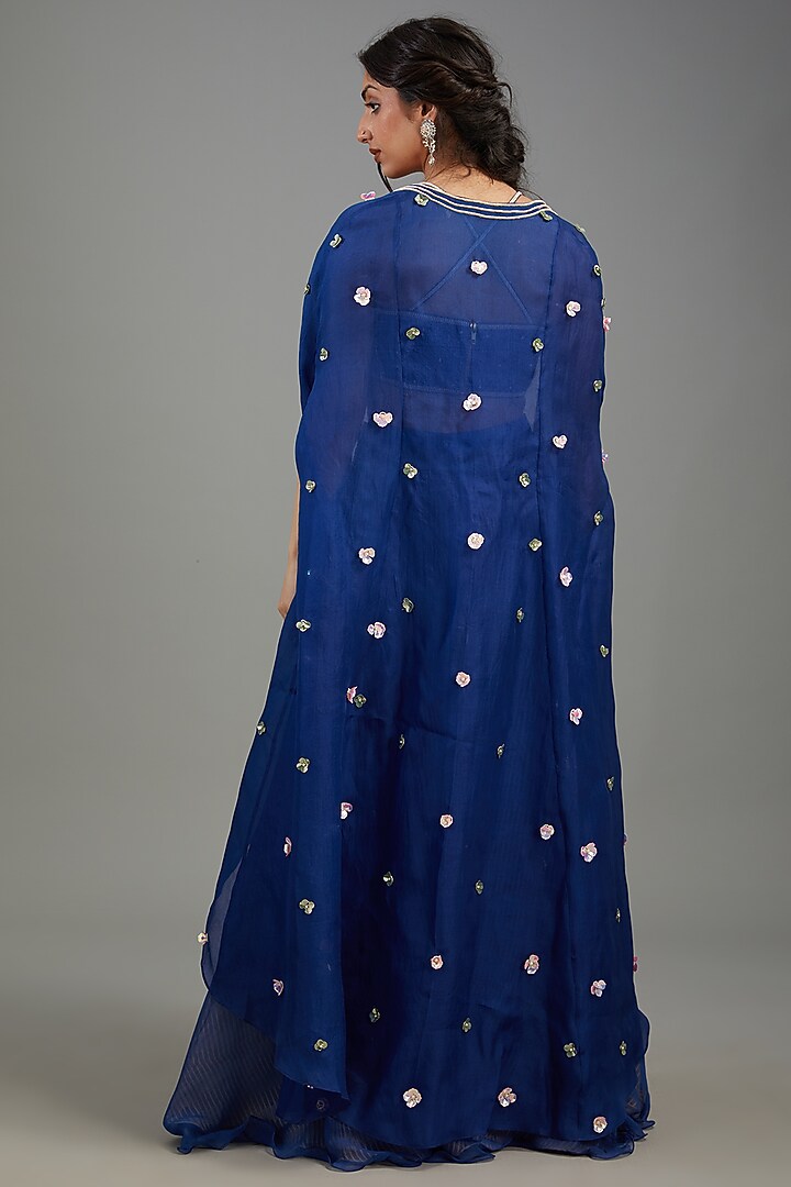 Blue Organza Embroidered Cape Set by Yashodhara at Pernia's Pop Up Shop