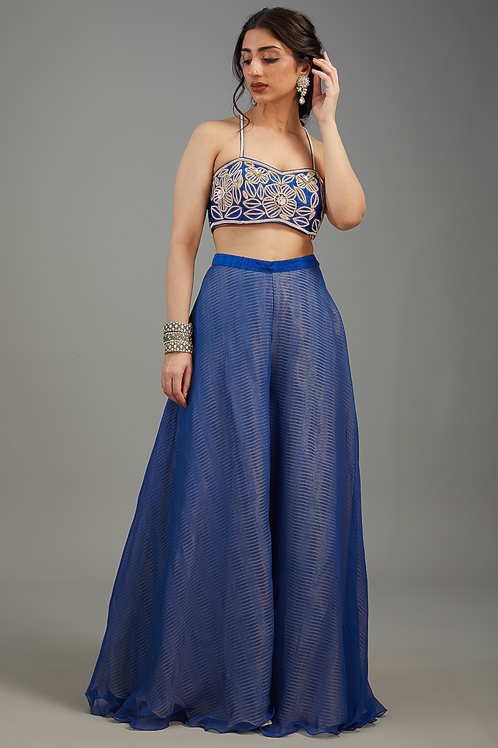 Blue Organza Embroidered Cape Set by Yashodhara at Pernia's Pop Up Shop