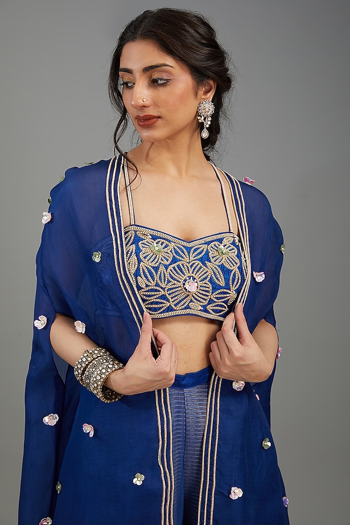 Blue Organza Embroidered Cape Set by Yashodhara at Pernia's Pop Up Shop