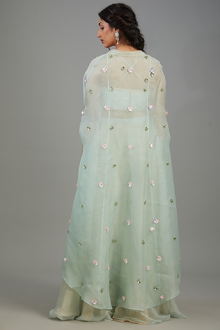 Aqua Organza Embroidered Cape Set by Yashodhara at Pernia's Pop Up Shop