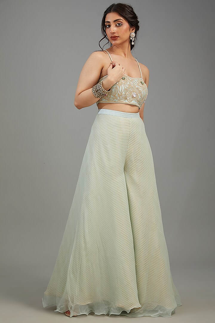 Aqua Organza Embroidered Cape Set by Yashodhara at Pernia's Pop Up Shop