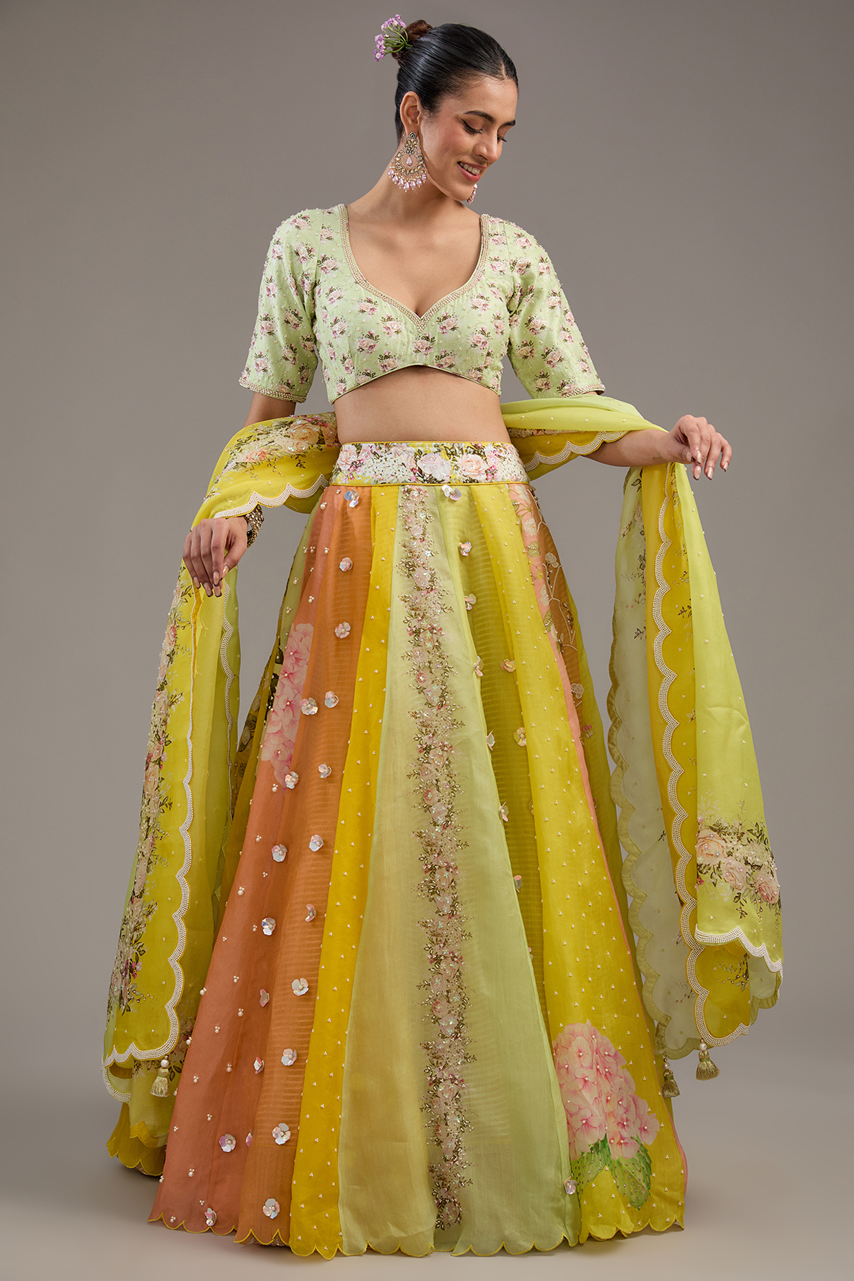 Multi-Colored Organza Digital Printed Lehenga Set by Yashodhara