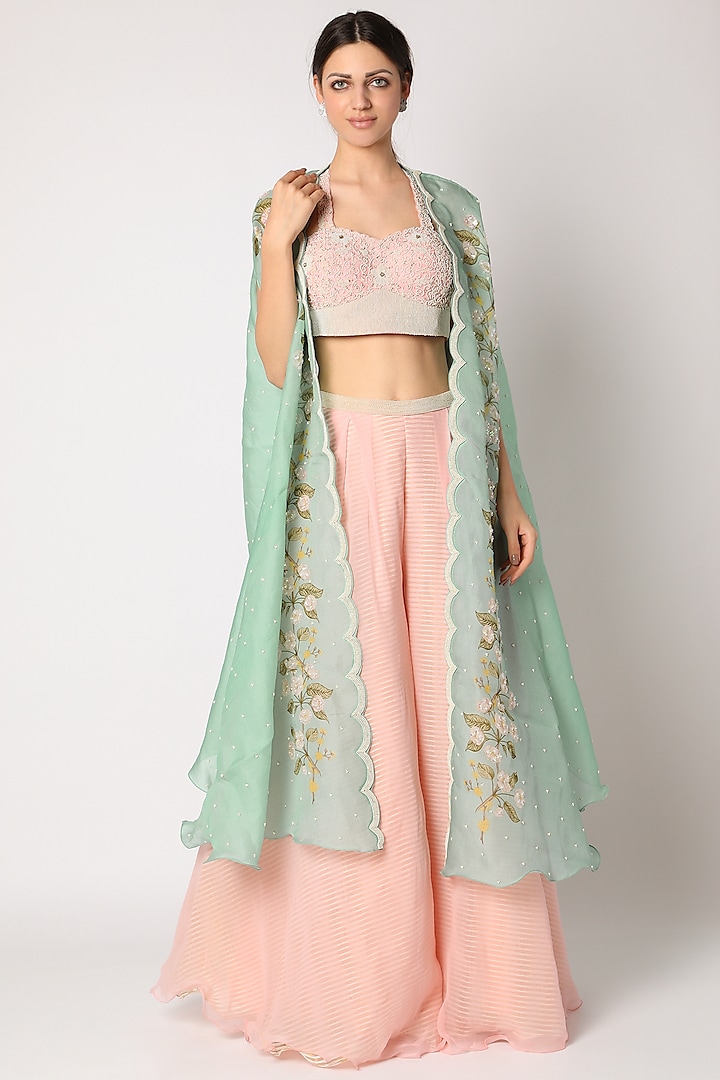 Baby Pink Embroidered Palazzo Pant Set With Cape by Yashodhara