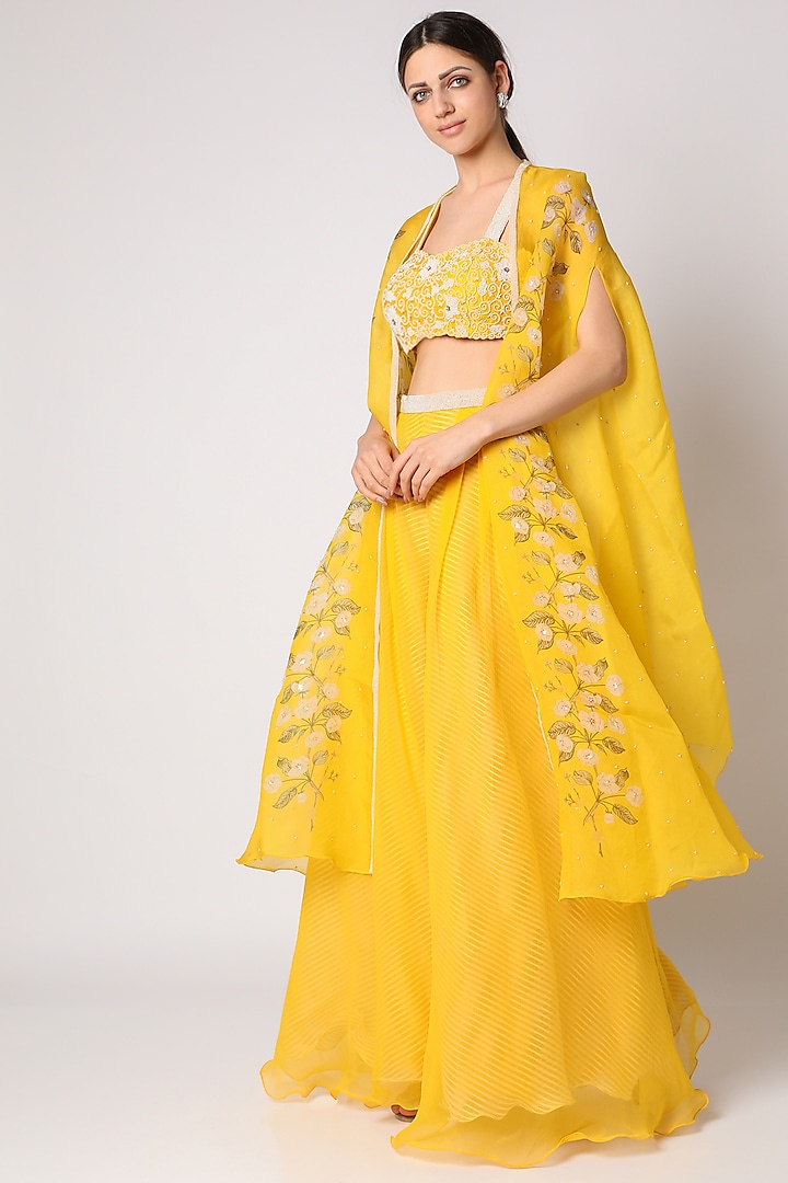 Yellow Embroidered Palazzo Pant Set With Cape by Yashodhara