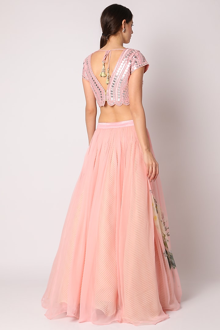 Baby Pink Organza & Chiffon Digital Printed Wedding Lehenga Set by Yashodhara at Pernia's Pop Up Shop