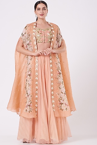 Peach Organza Printed Cape Set by Yashodhara