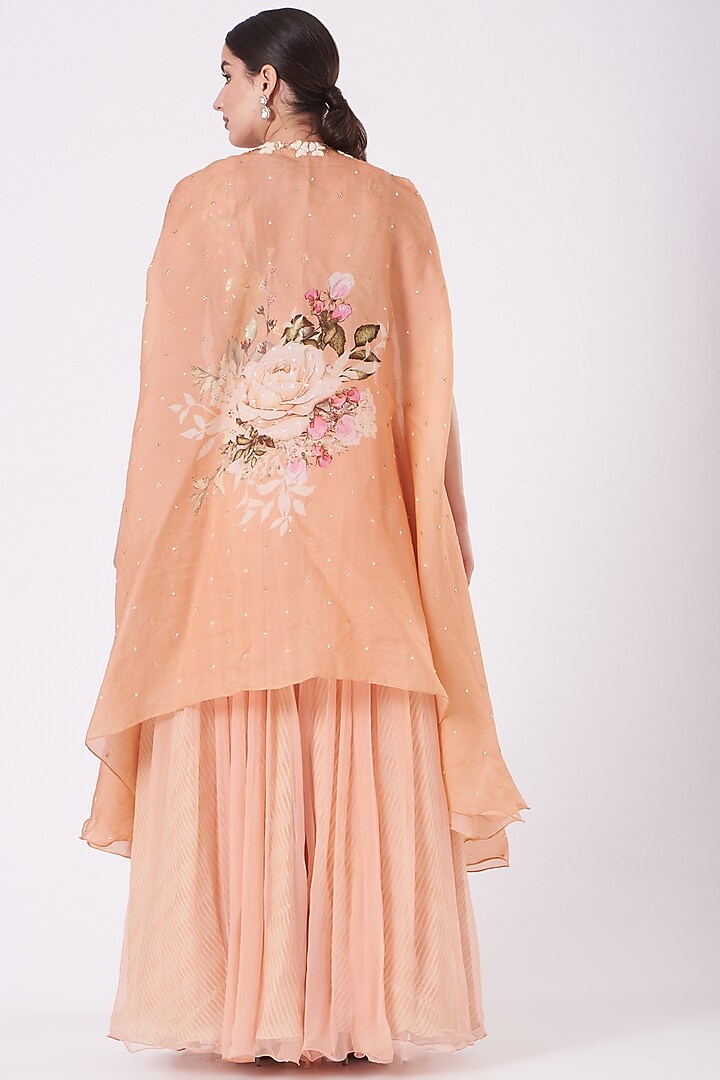 Peach Organza Printed Cape Set by Yashodhara at Pernia's Pop Up Shop