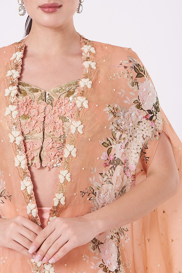 Peach Organza Printed Cape Set by Yashodhara at Pernia's Pop Up Shop