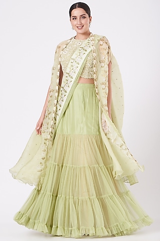 Lime Green Chiffon Printed Cape Set by Yashodhara